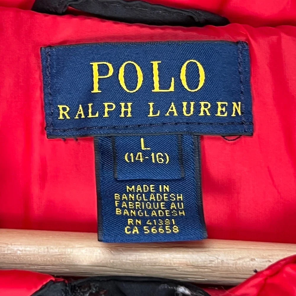 Polo Ralph‎ Lauren Kids L 14-16 Black Down Puffer Jacket Red Lining
